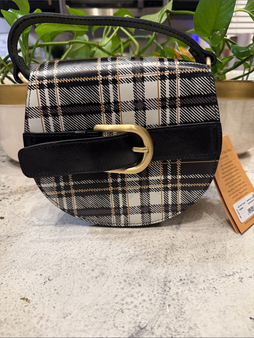 Patricia Nash NWT Black & White Plaid Saddle Bag with Gold Buckle